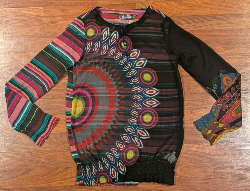 Desigual Women S Sheer Blouse Top Multicolor Abstract Boho Artsy Y2K Long Sleeve